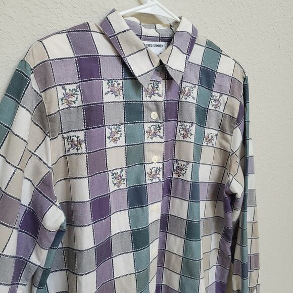 Alfred Dunner Button Up Shirt Womens 14 Floral Check Plaid Purple Embroidered - Picture 10 of 13
